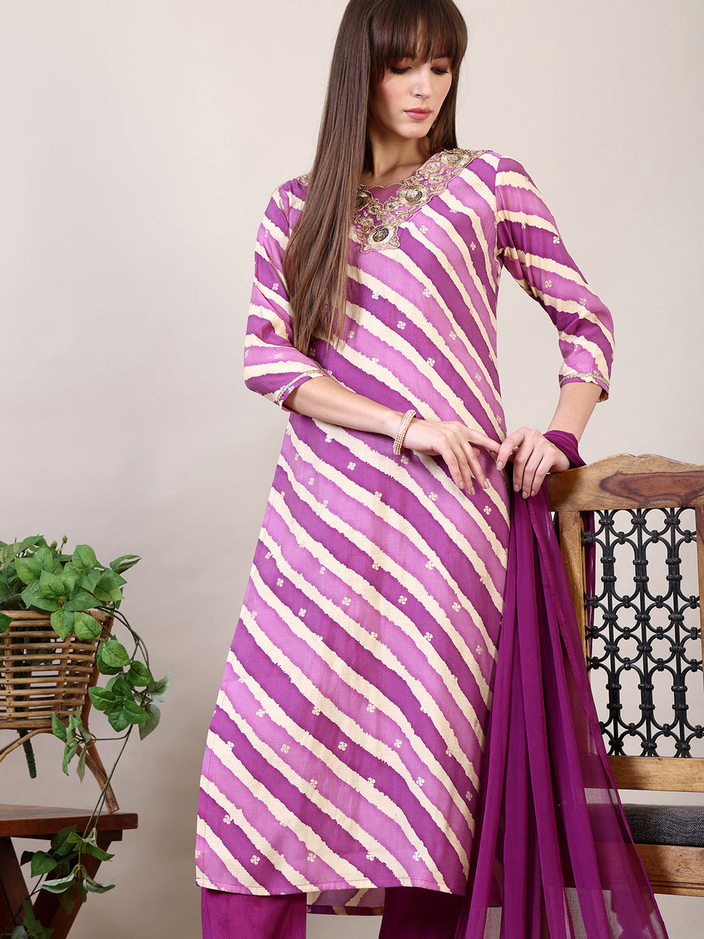 Pink Leheriya Printed Chanderi Kurta with Pant and Dupatta