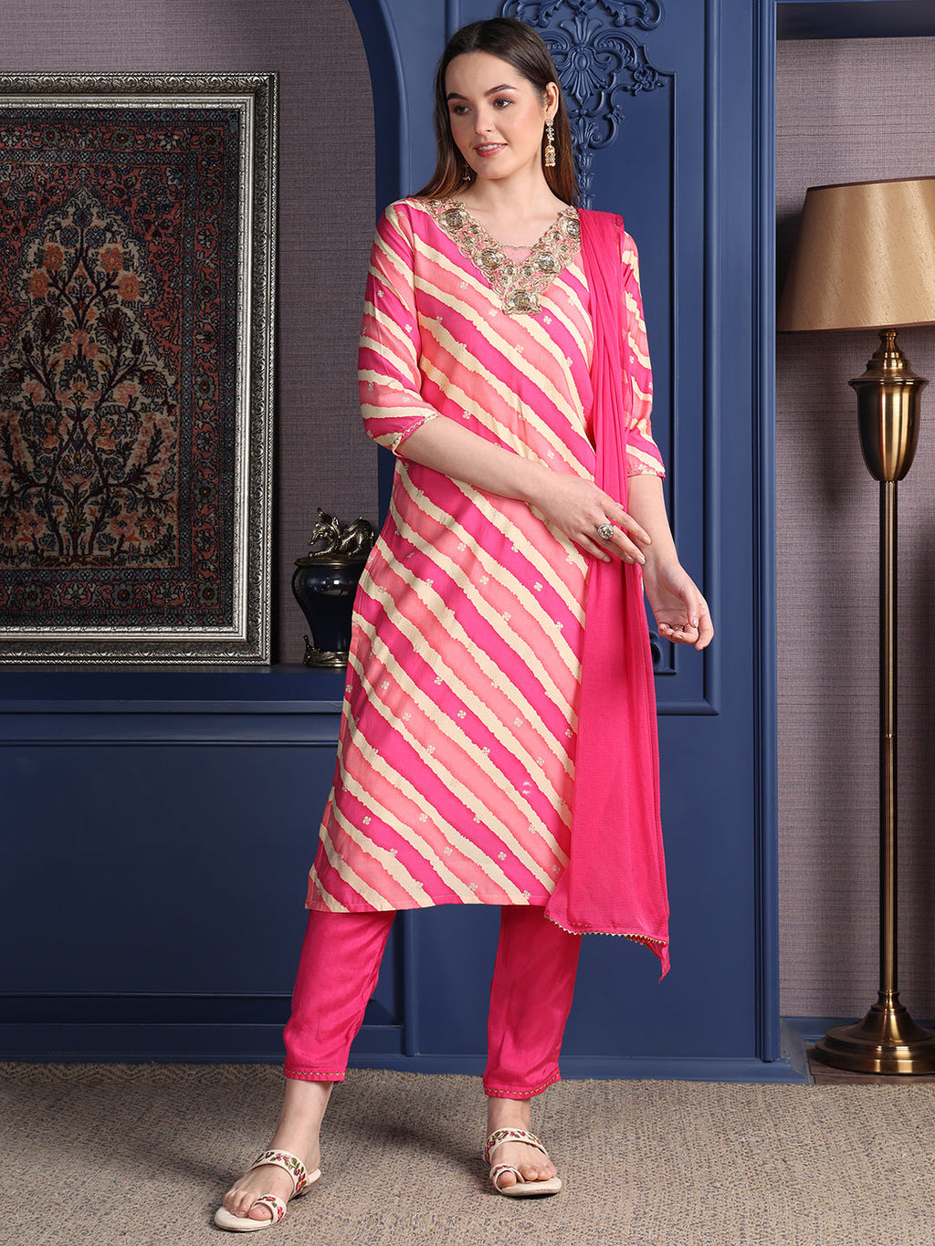 Pink Chanderi kurta set with Leheriya print and applique embroidery, including pants and a matching dupatta.