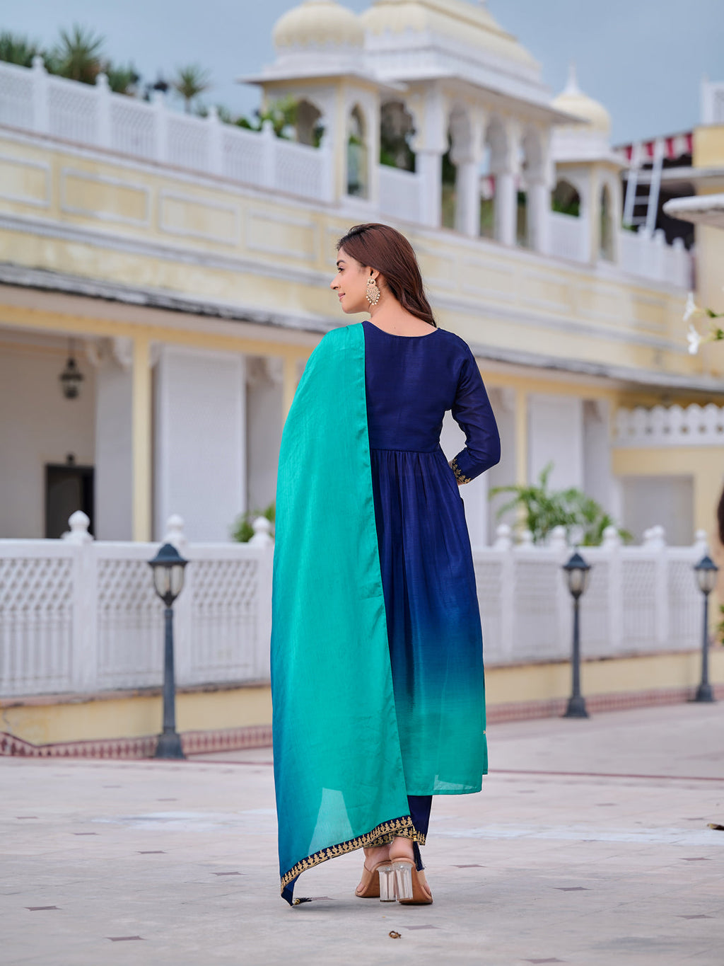 Navy Blue Alia Cut Silk Blend Kurta Set with Dupatta