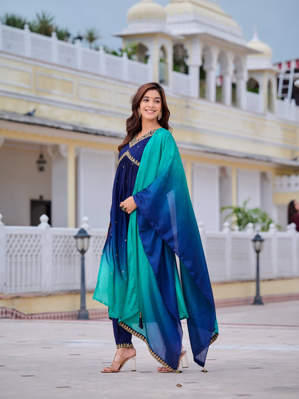 Navy blue Alia cut silk blend kurta with embroidery, matching pants, and dupatta