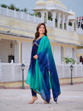 Navy blue Alia cut silk blend kurta with embroidery, matching pants, and dupatta