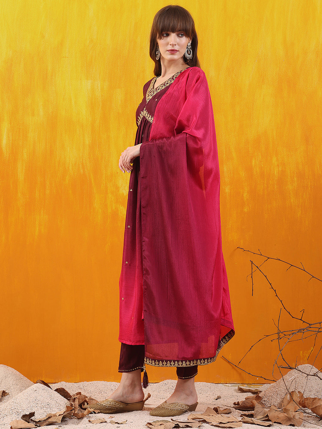 Wine Alia Cut Embroidered Silk Blend Kurta Set with Dupatta