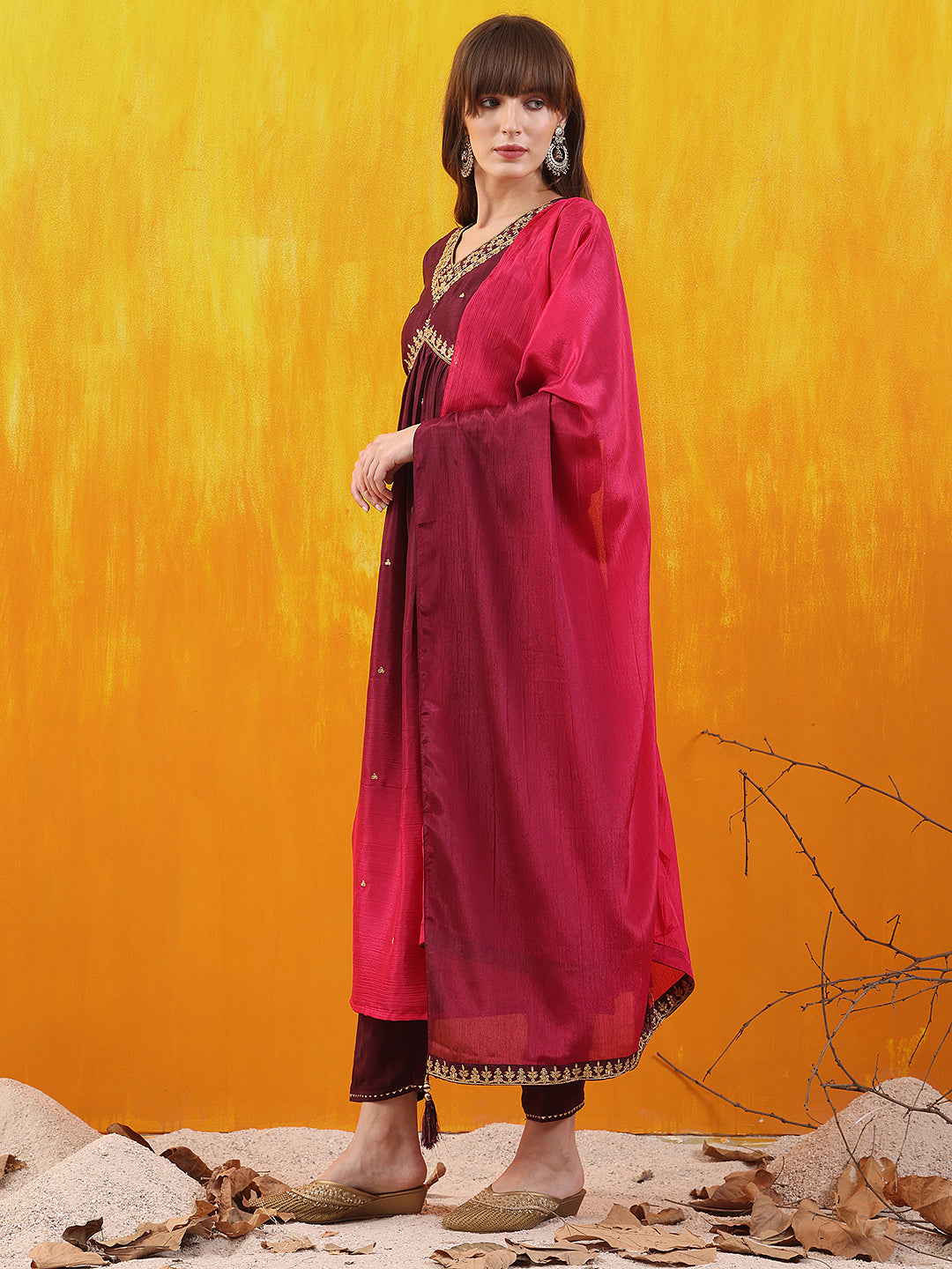Wine Alia Cut Embroidered Silk Blend Kurta Set with Dupatta