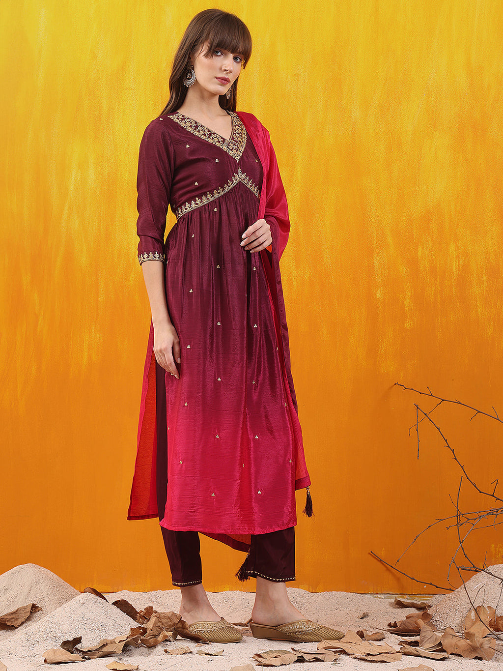 Wine Alia Cut Embroidered Silk Blend Kurta Set with Dupatta