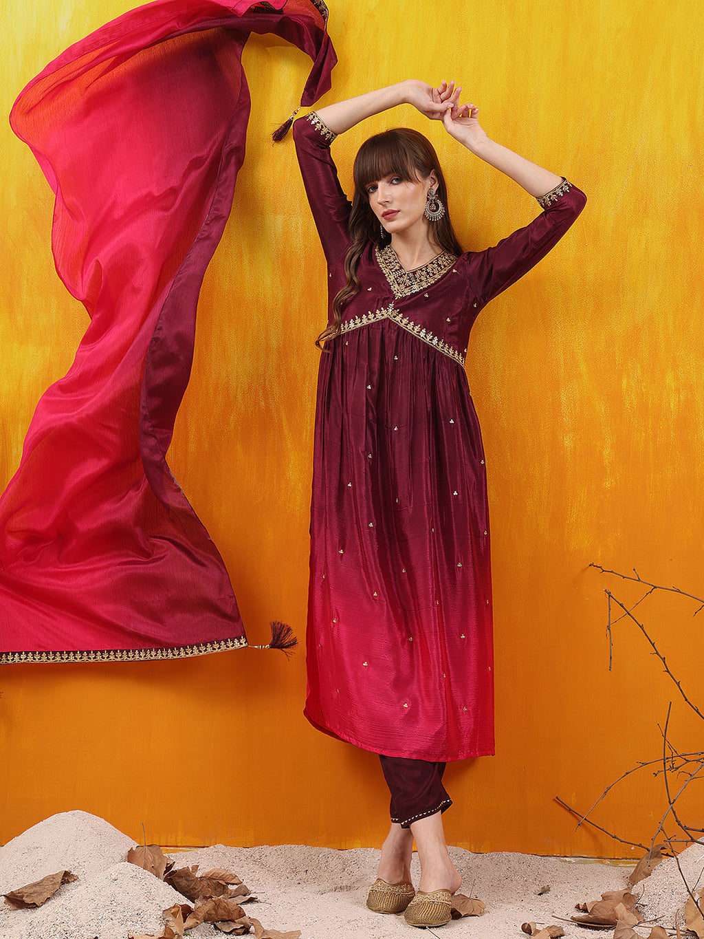 Wine colored Alia cut kurta set with embroidery, matching pants and dupatta