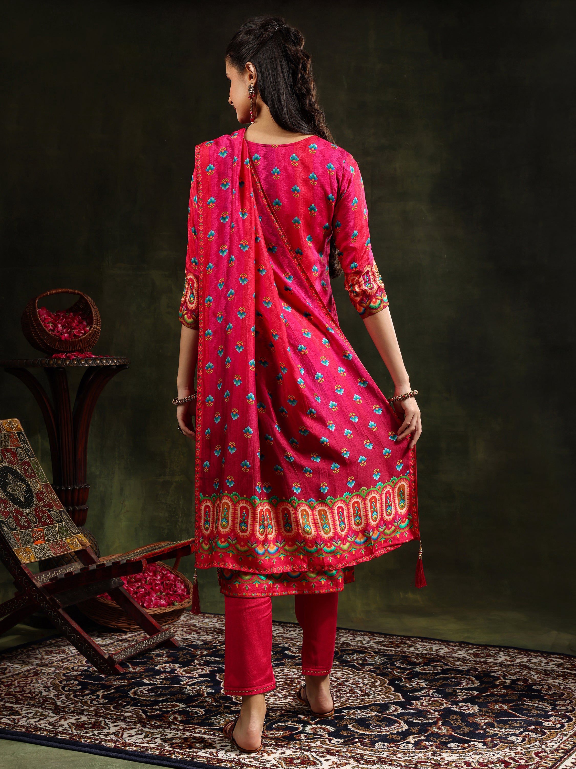 Rani Embroidered Pure Silk Kurta Set with Printed Dupatta