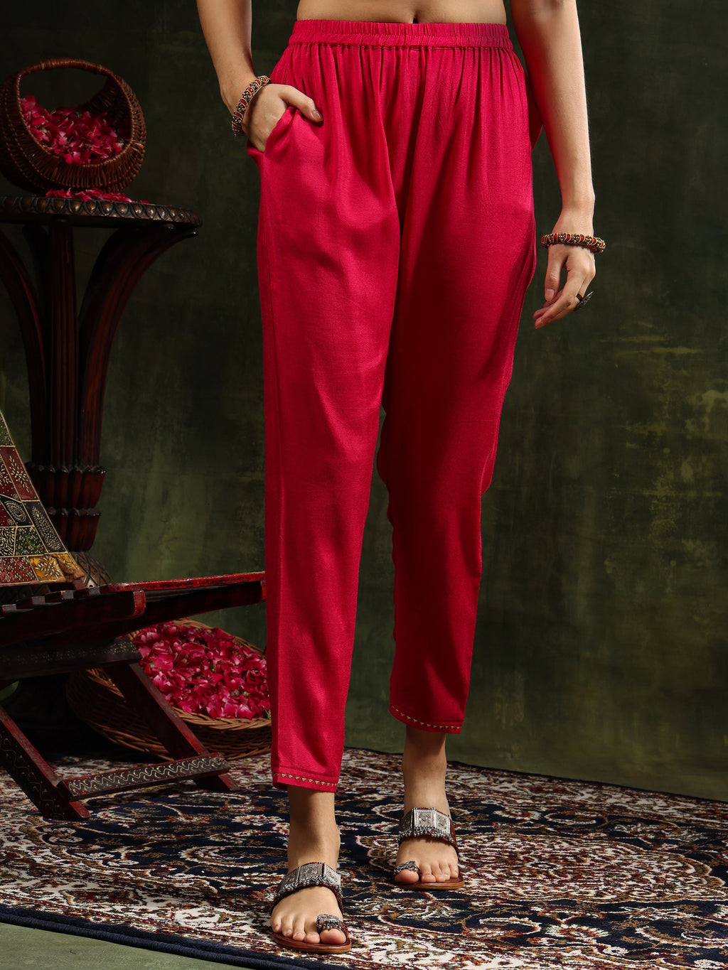 Rani Embroidered Pure Silk Kurta Set with Printed Dupatta
