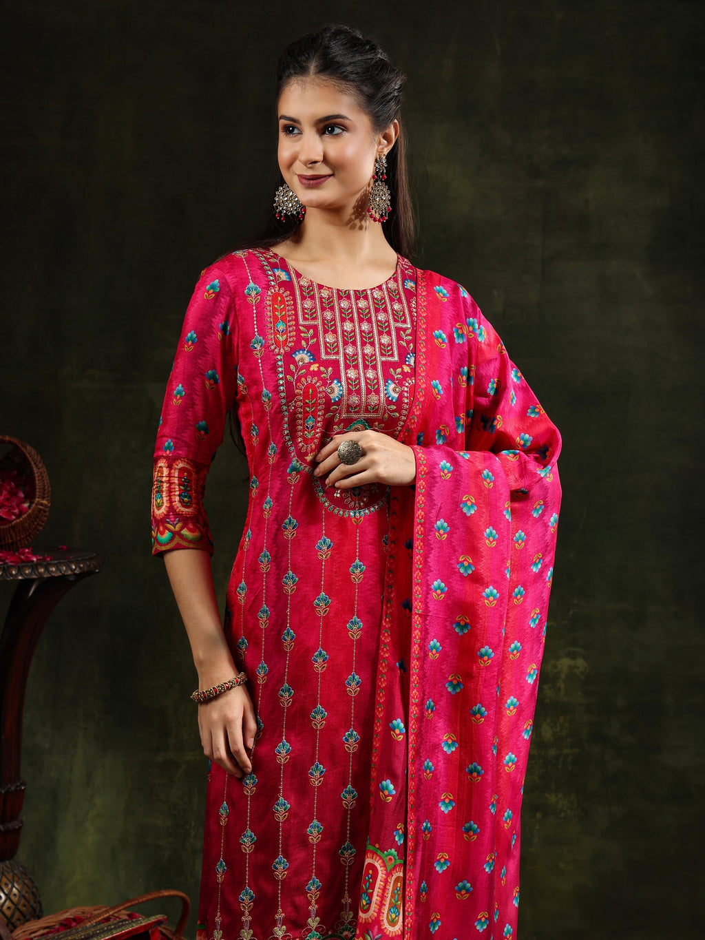 Rani Embroidered Pure Silk Kurta Set with Printed Dupatta