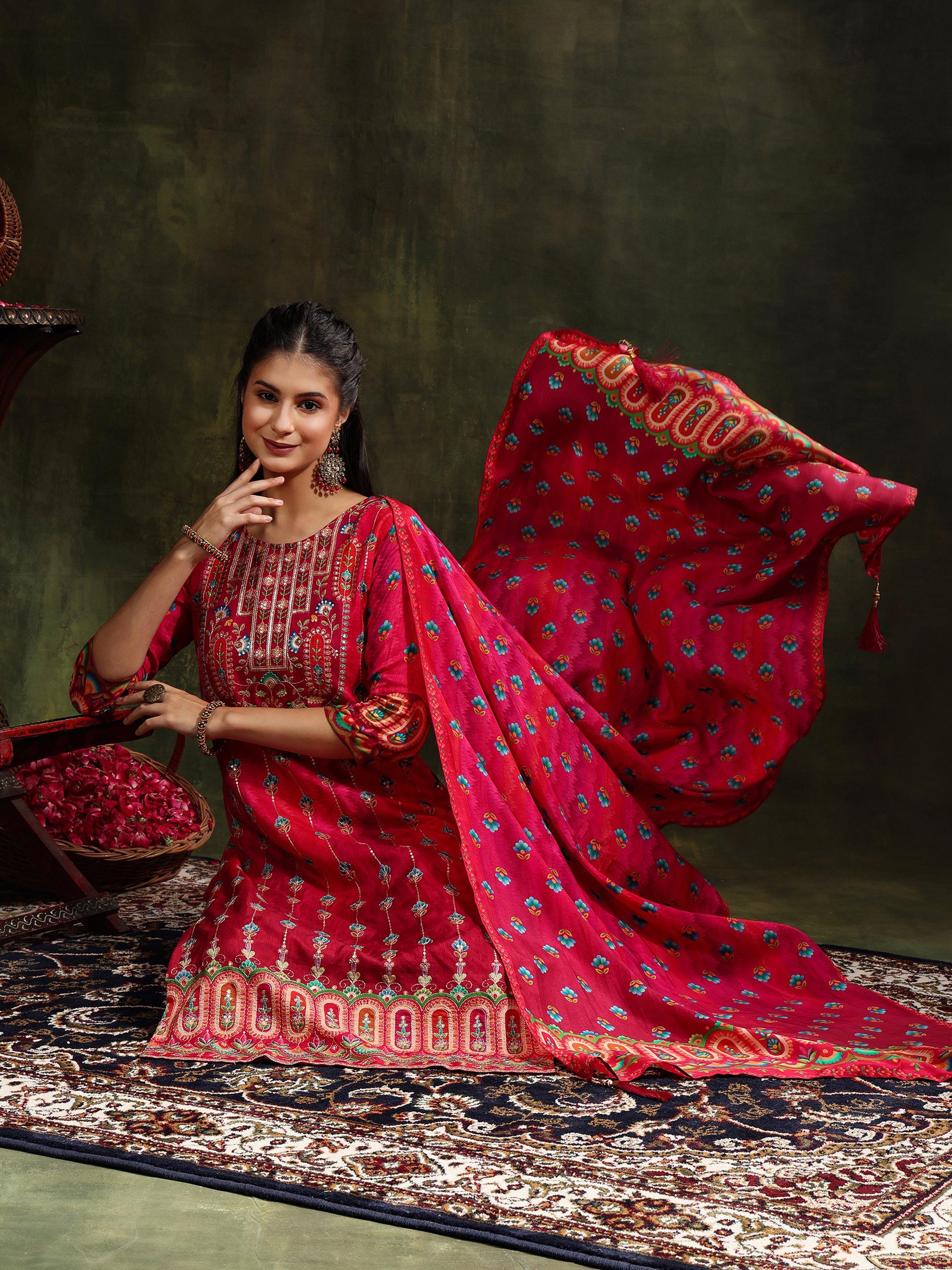 Rani pure silk kurta with embroidery and matching printed dupatta
