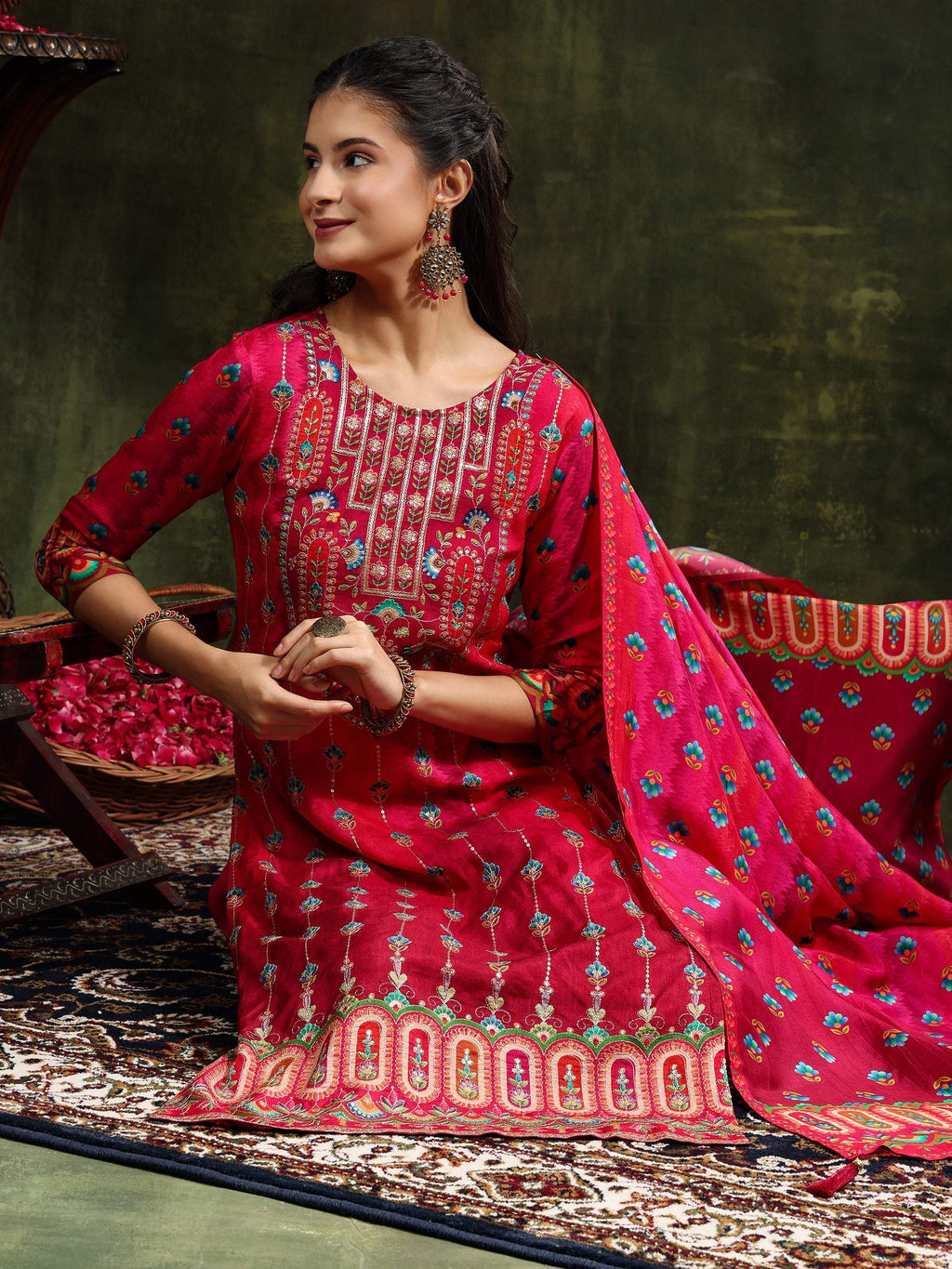 Rani Embroidered Pure Silk Kurta Set with Printed Dupatta