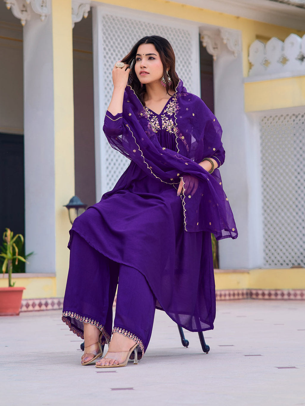 Purple Alia Cut Embroidered Kurta Set with Dupatta & Pant