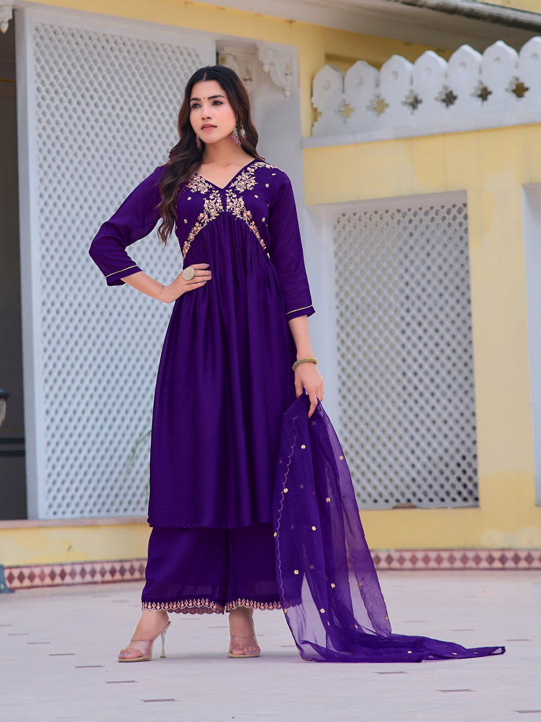 Purple Alia Cut Embroidered Kurta Set with Dupatta & Pant