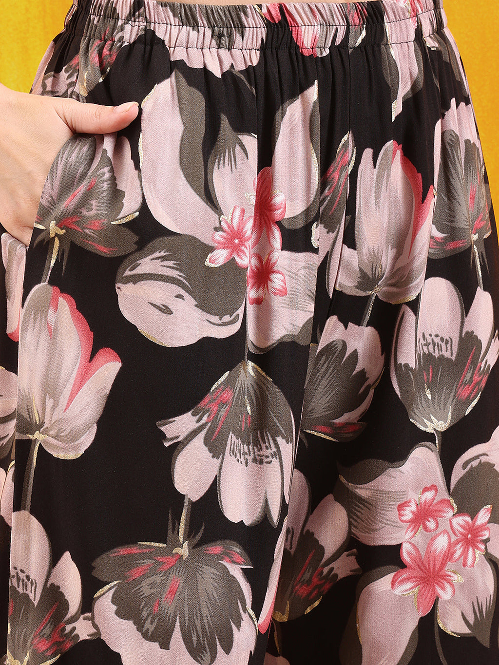 Black Floral Printed Front Slit Kurta with Palazzo Set