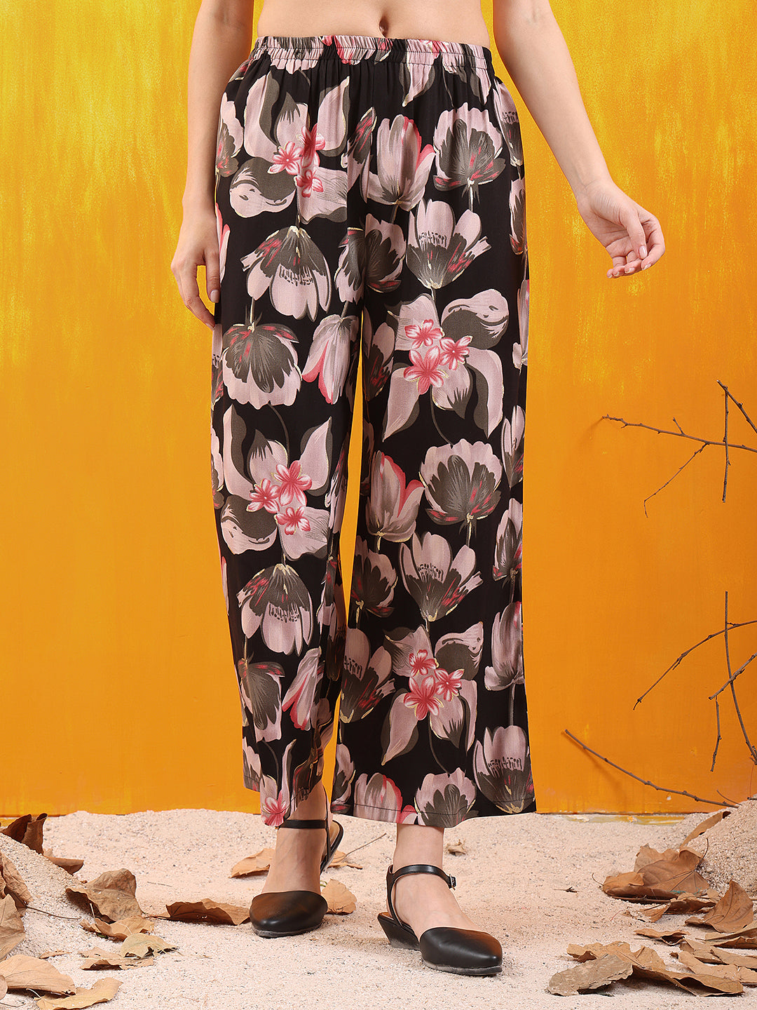 Black Floral Printed Front Slit Kurta with Palazzo Set