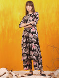 Black floral printed front slit kurta with coordinating palazzo pants