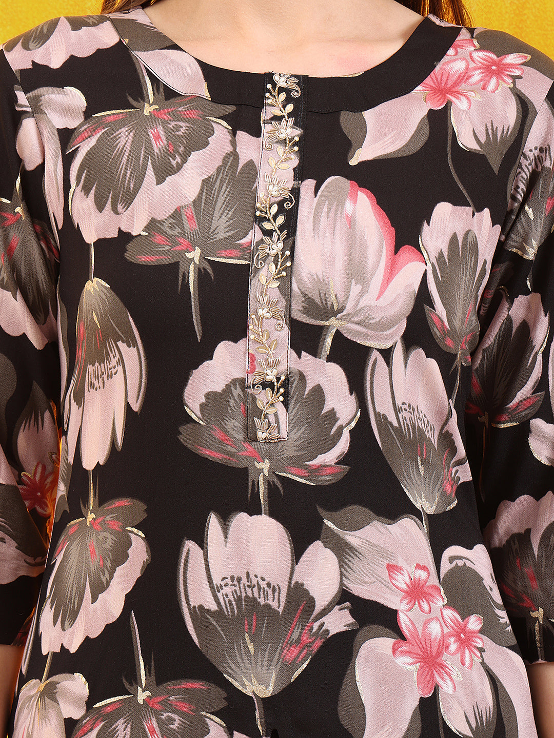 Black Floral Printed Front Slit Kurta with Palazzo Set