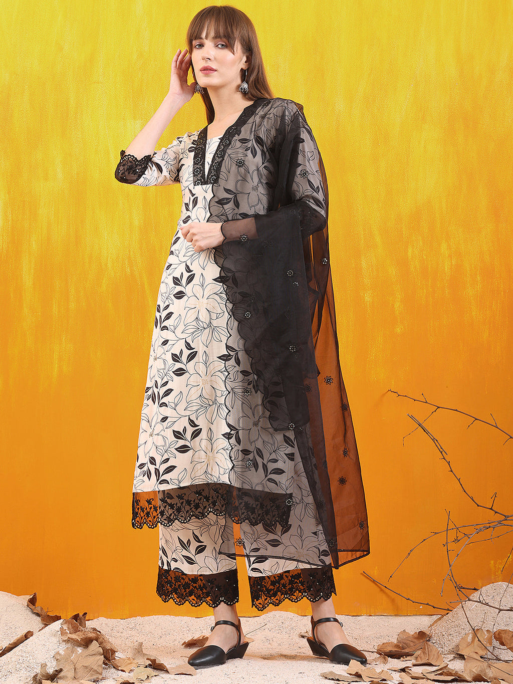 White Chanderi Floral Embroidered Kurta Set with Lace Details