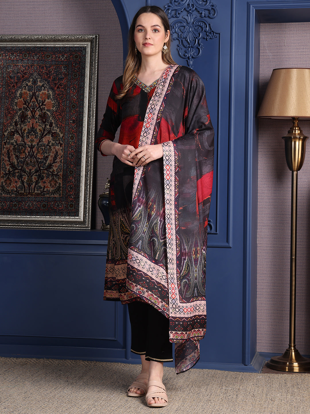 Black hand embroidered and printed kurta with pants and dupatta