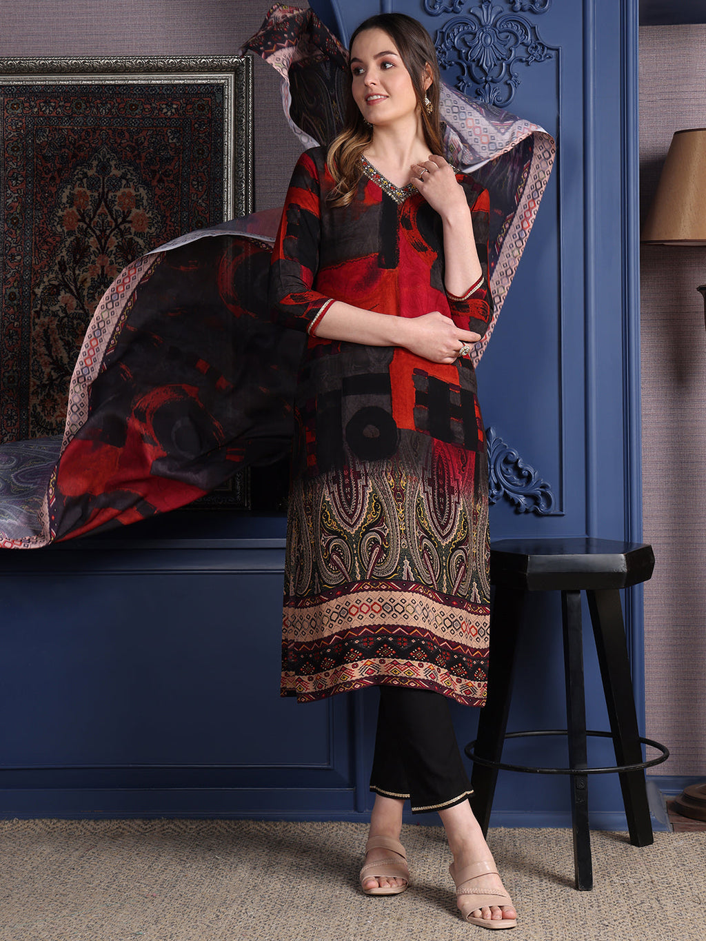 Black Hand Embroidered & Printed Kurta Set with Dupatta
