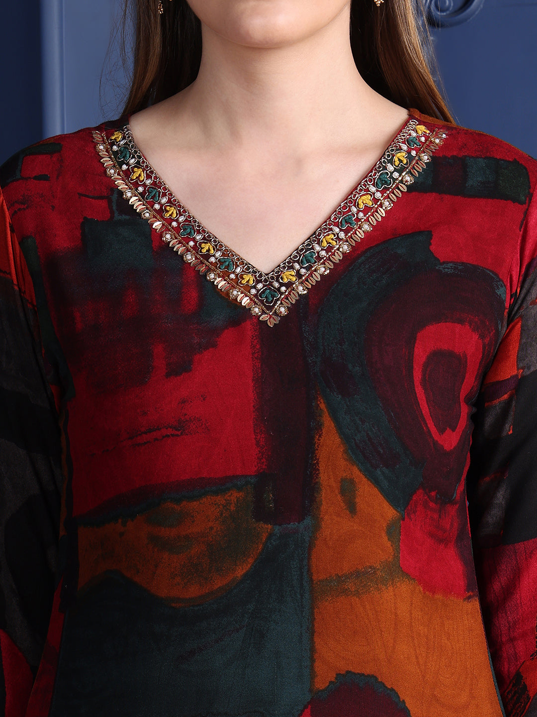 Maroon Hand Embroidered Rayon Kurta Set with Pant and Dupatta