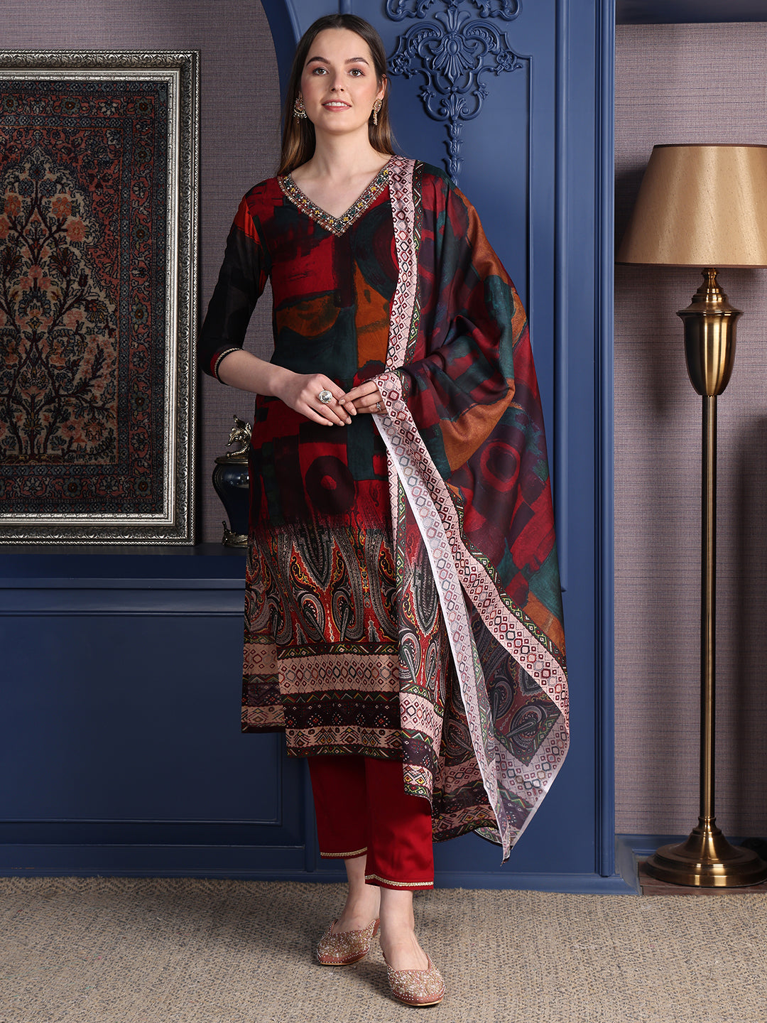 Maroon hand embroidered rayon kurta set with matching pants and dupatta