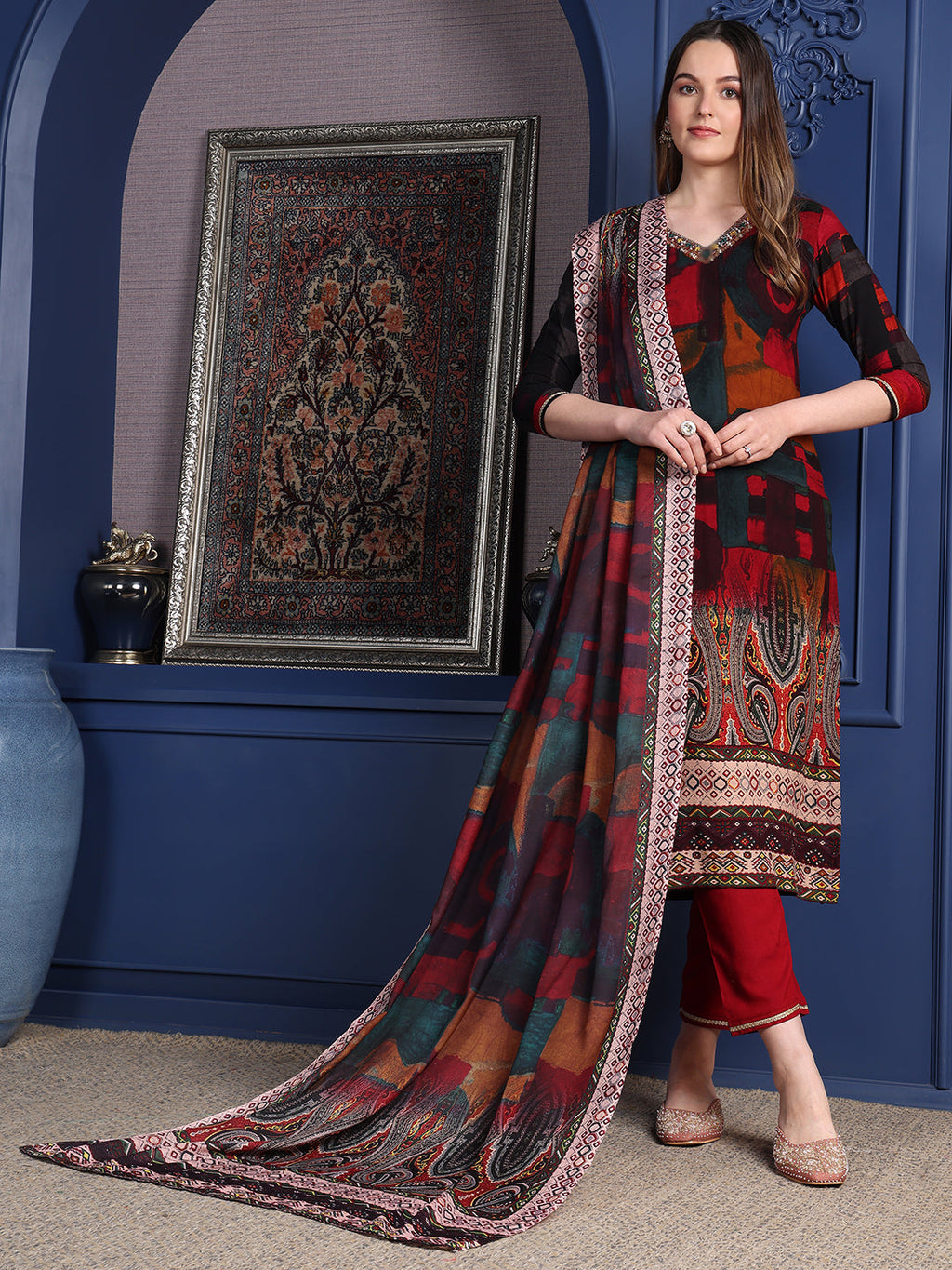Maroon Hand Embroidered Rayon Kurta Set with Pant and Dupatta