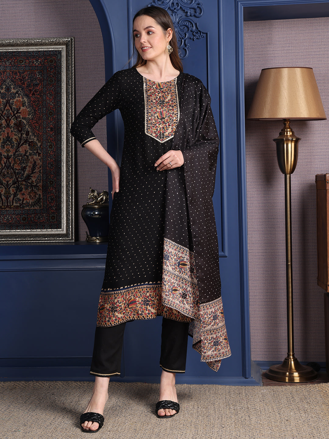 Black hand-embroidered rayon kurta set with matching pants and dupatta