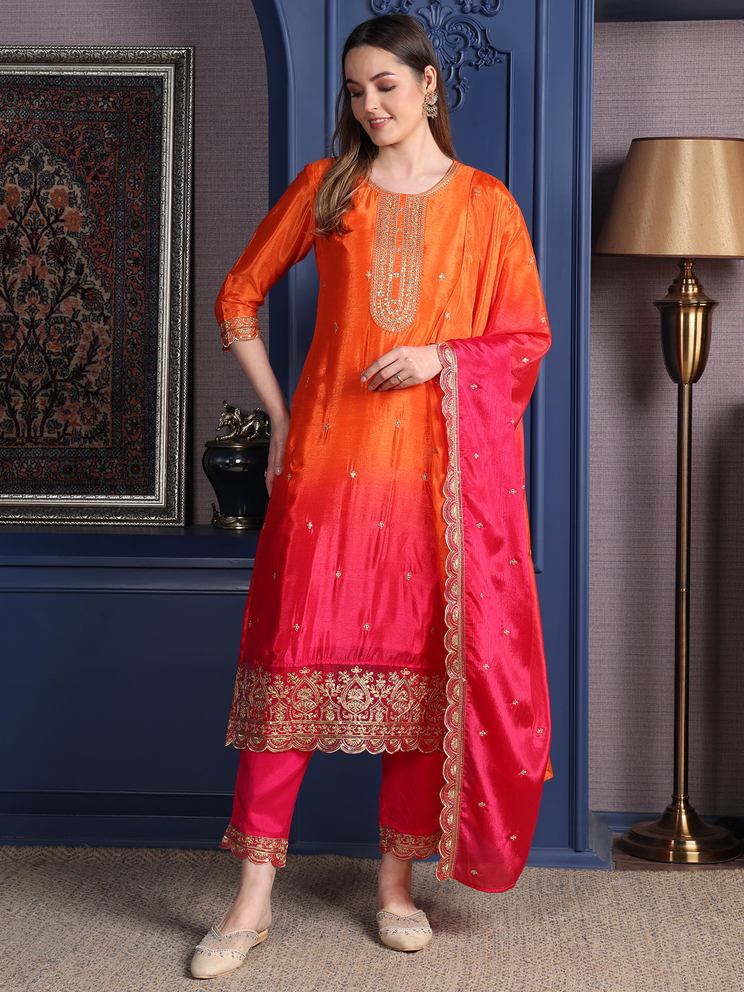 Orange two-toned silk kurta set with embroidery and matching dupatta