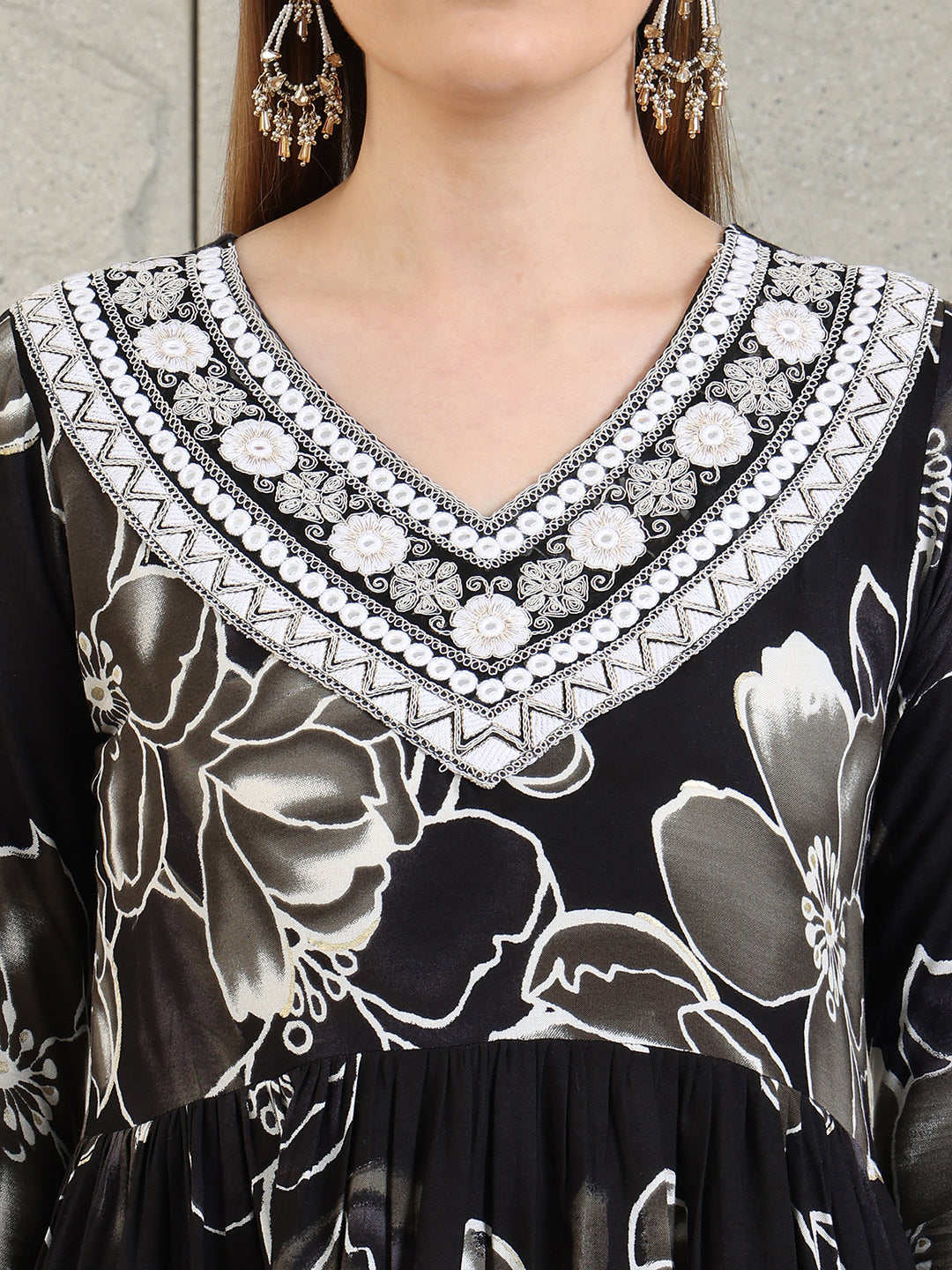 Black Flared A-Line Embroidered Floral Kurta Set with Dupatta