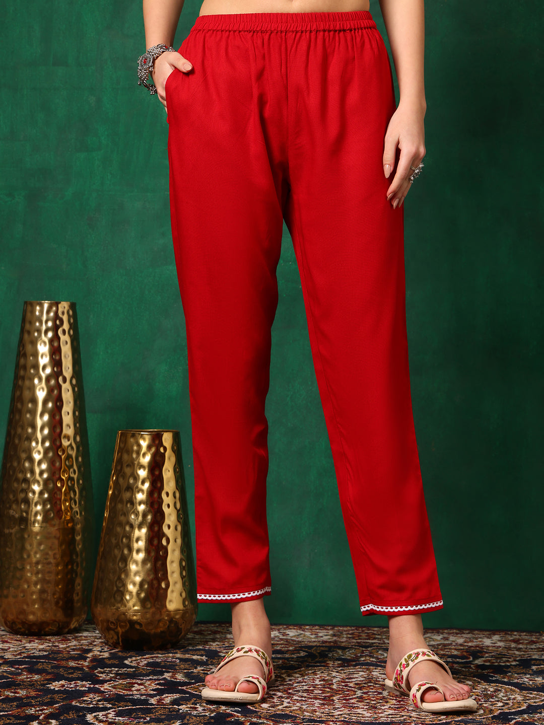 Red Embroidered Floral Flared A-Line Kurta Set with Dupatta
