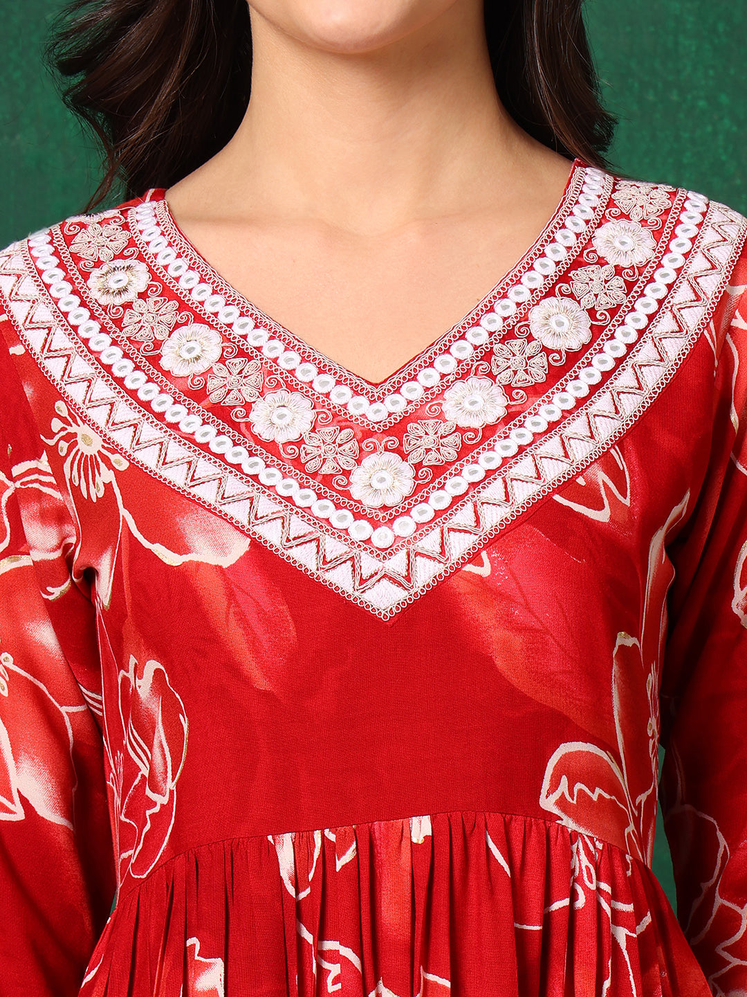 Red Embroidered Floral Flared A-Line Kurta Set with Dupatta