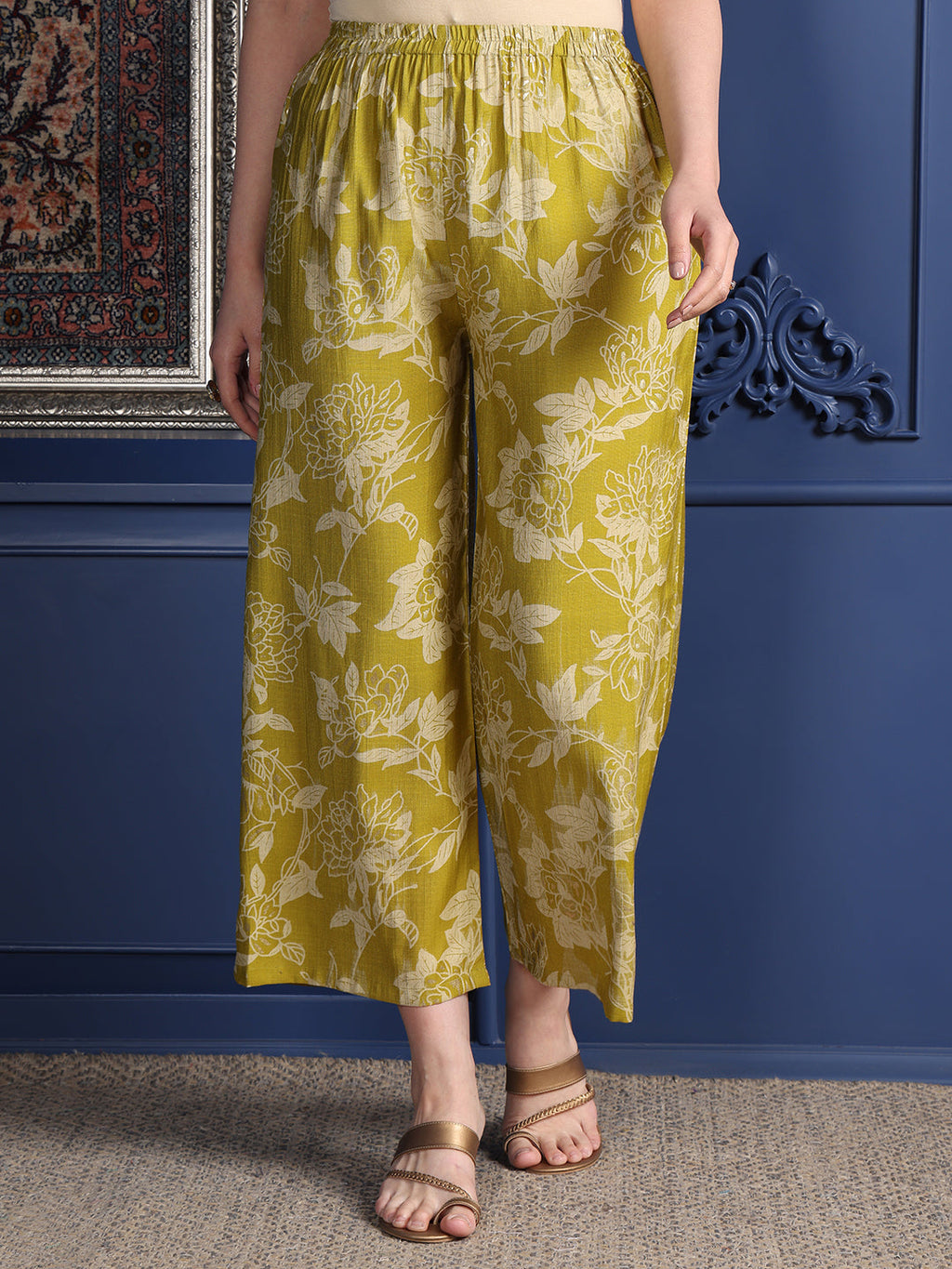 Green Embroidered & Printed Rayon Kurta Set with Palazzo & Dupatta
