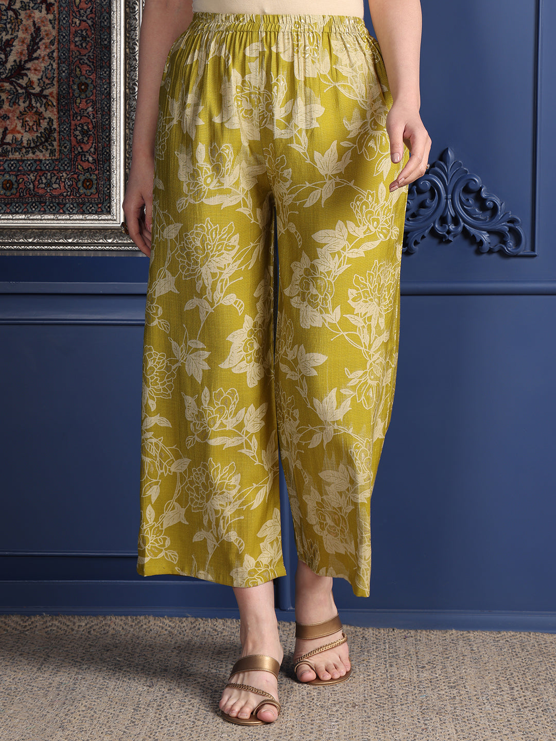 Green Embroidered & Printed Rayon Kurta Set with Palazzo & Dupatta