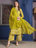 Green rayon kurta set featuring intricate embroidery, matching palazzo, and dupatta.