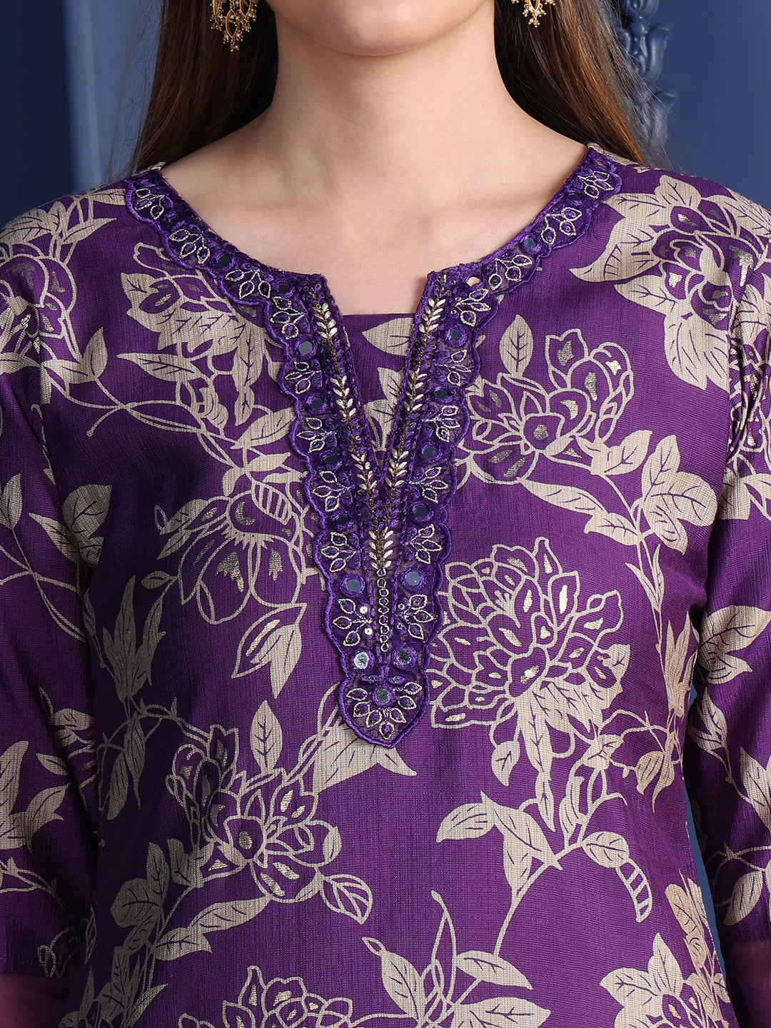Embroidered Purple Kurta Set with Palazzo and Dupatta