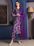 Embroidered purple kurta set with coordinating palazzo and dupatta