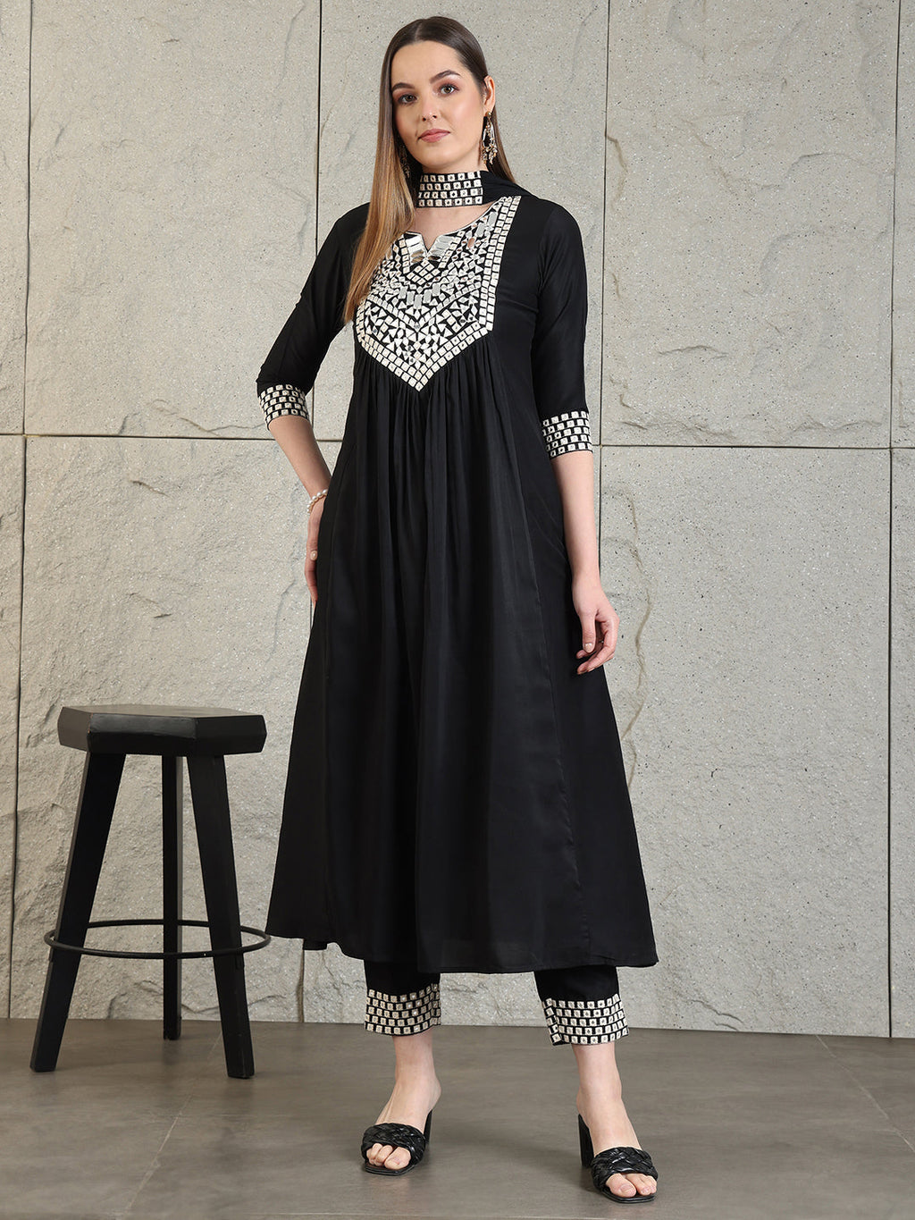 Elegant black kurta set with mirror embroidery and matching necklace dupatta by Hiral Fashion