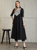 Elegant black kurta set with mirror embroidery and matching necklace dupatta by Hiral Fashion