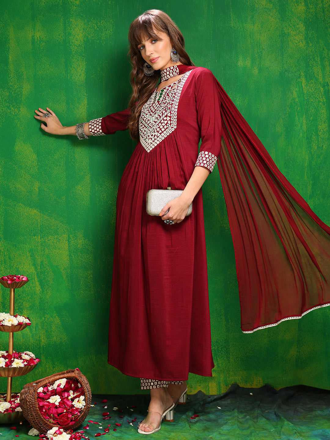 Maroon Mirror Embroidered Kurta Set with Necklace Dupatta