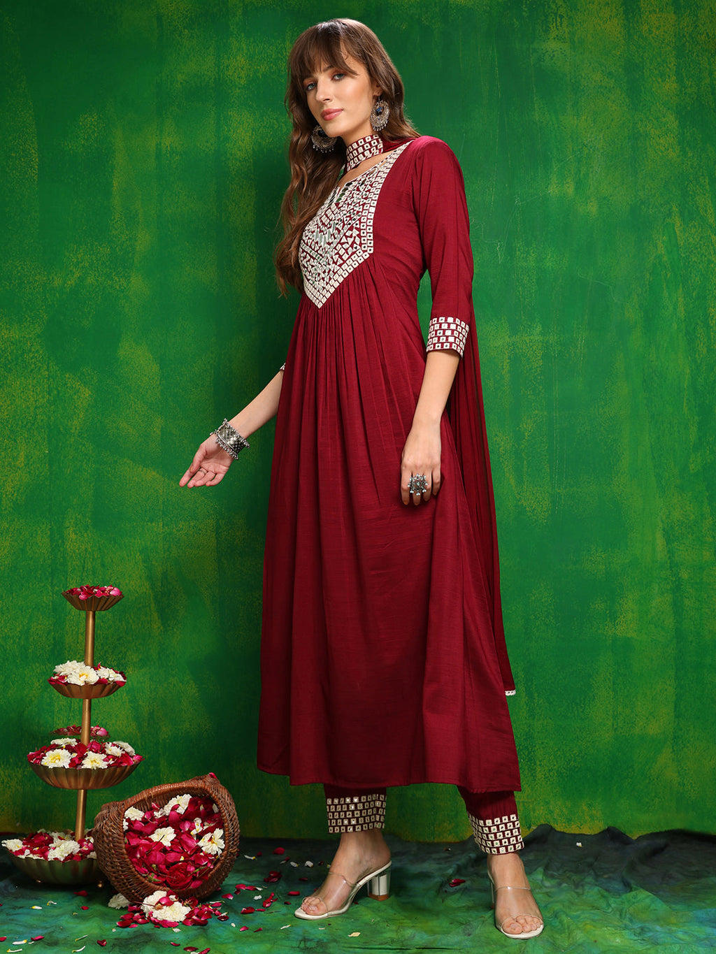 Maroon Mirror Embroidered Kurta Set with Necklace Dupatta