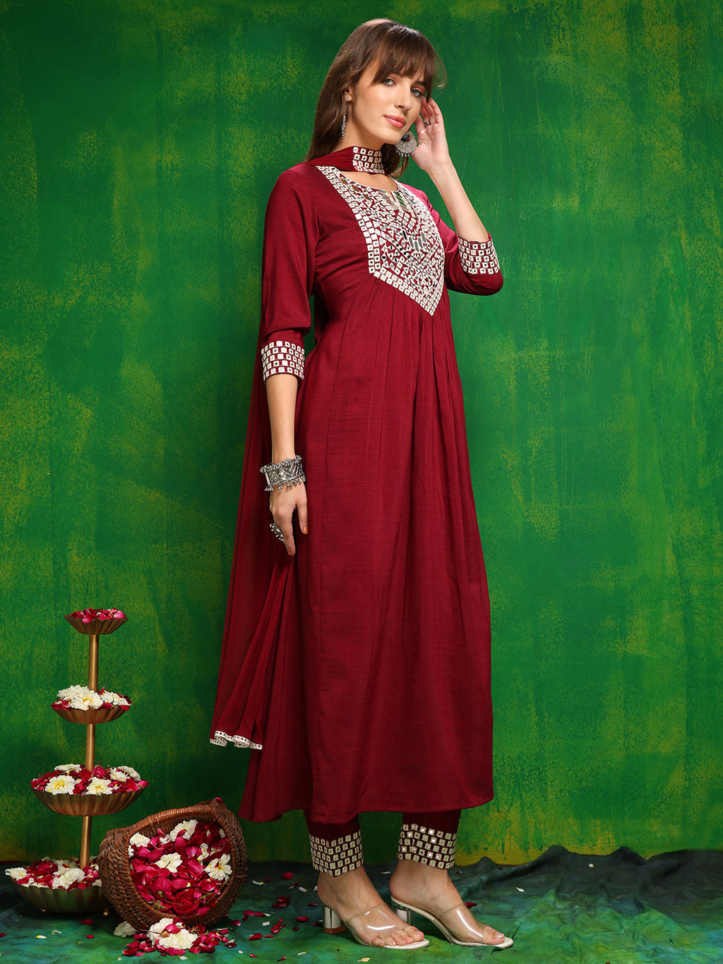 Maroon Mirror Embroidered Kurta Set with Necklace Dupatta