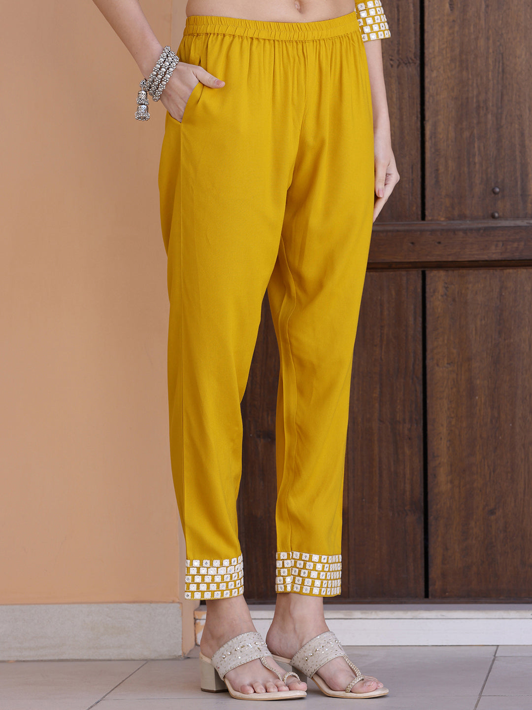 Mustard Mirror Embroidered Kurta Set with Necklace Dupatta