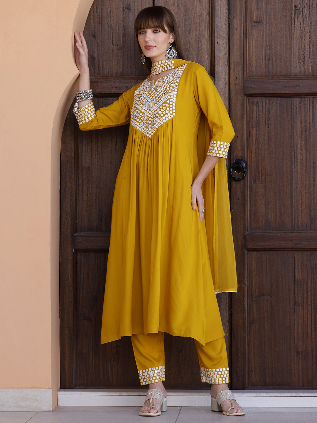 Mustard Mirror Embroidered Kurta Set with Necklace Dupatta