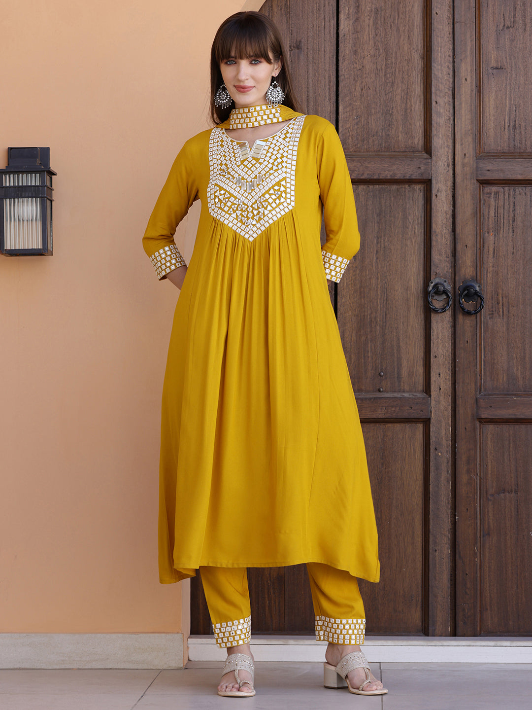 Mustard Mirror Embroidered Kurta Set with Necklace Dupatta