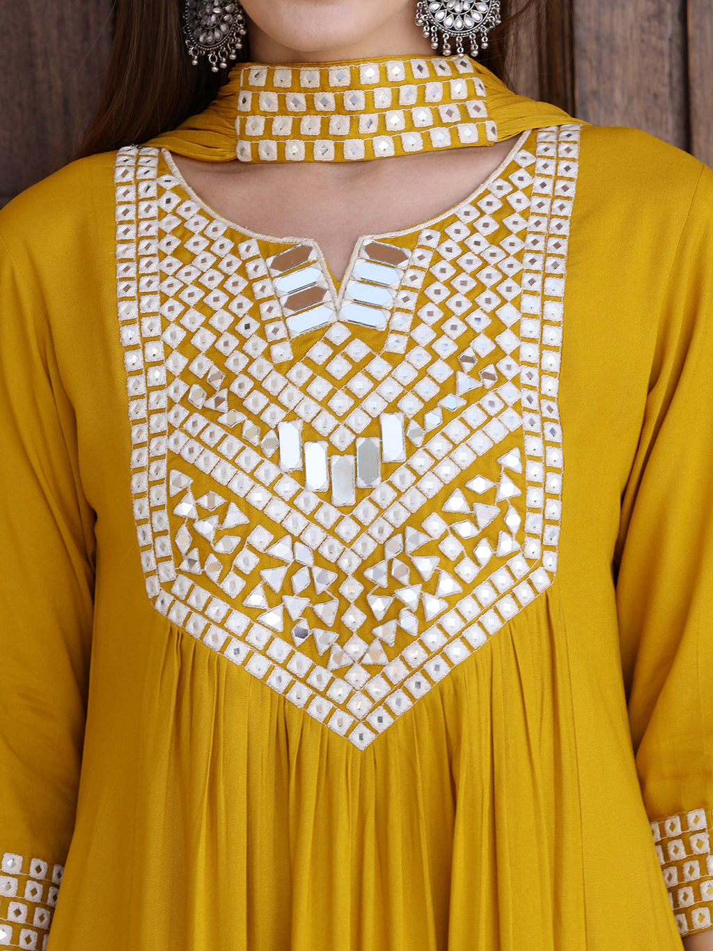 Mustard Mirror Embroidered Kurta Set with Necklace Dupatta