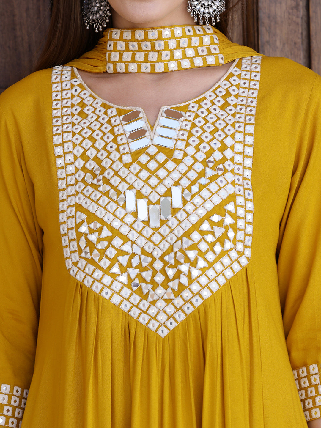 Mustard Mirror Embroidered Kurta Set with Necklace Dupatta
