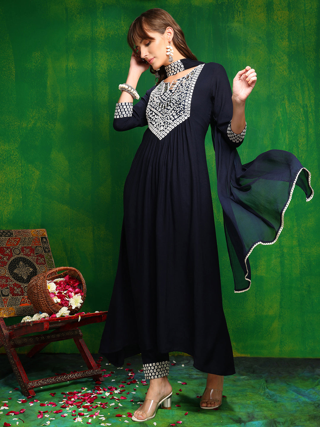 Navy Blue Mirror Embroidered Kurta Set with Necklace Dupatta