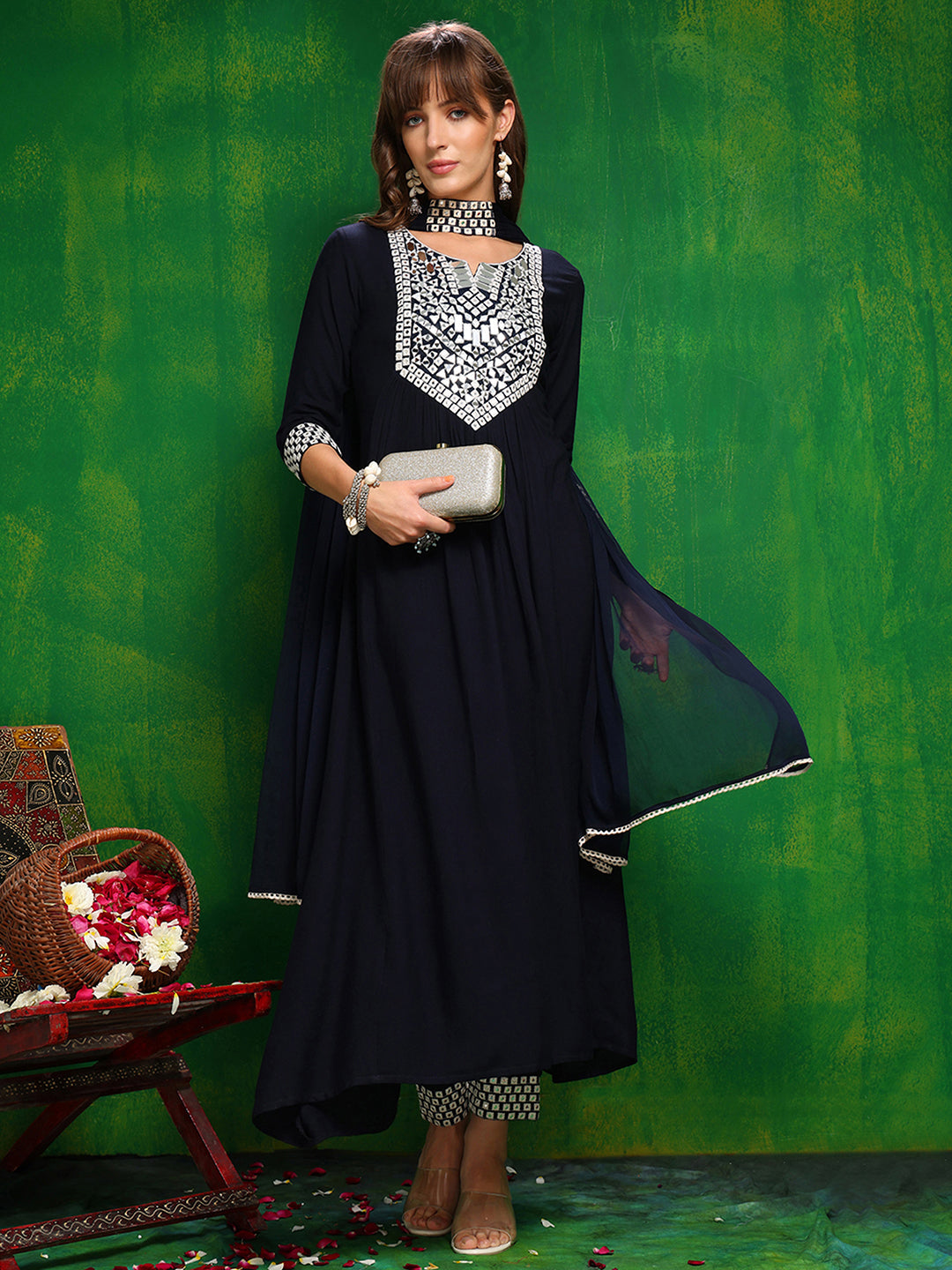Navy Blue rayon kurta set with mirror embroidery, V-neck, and necklace-style dupatta