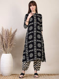 Black kurta with ethnic motif print paired with stylish Afghani pants.
