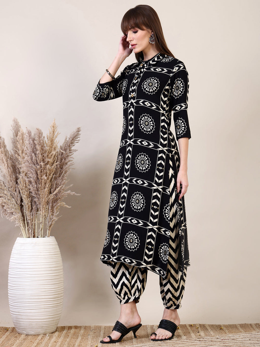 Black Ethnic Motifs Printed Afghani Pant Co-Ord Set